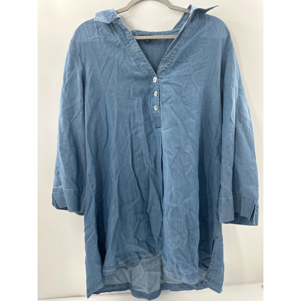 Zac & Rachel Womens Blue Denim Tunic Top 3/4 Sleeve Button Back‎ L NWT